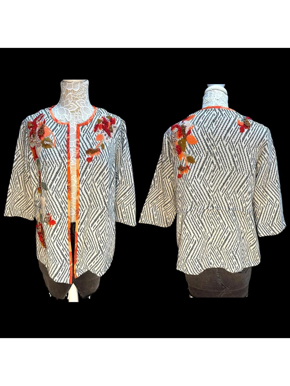 Chico's Embroidered Floral Pattern Open Front Jacket